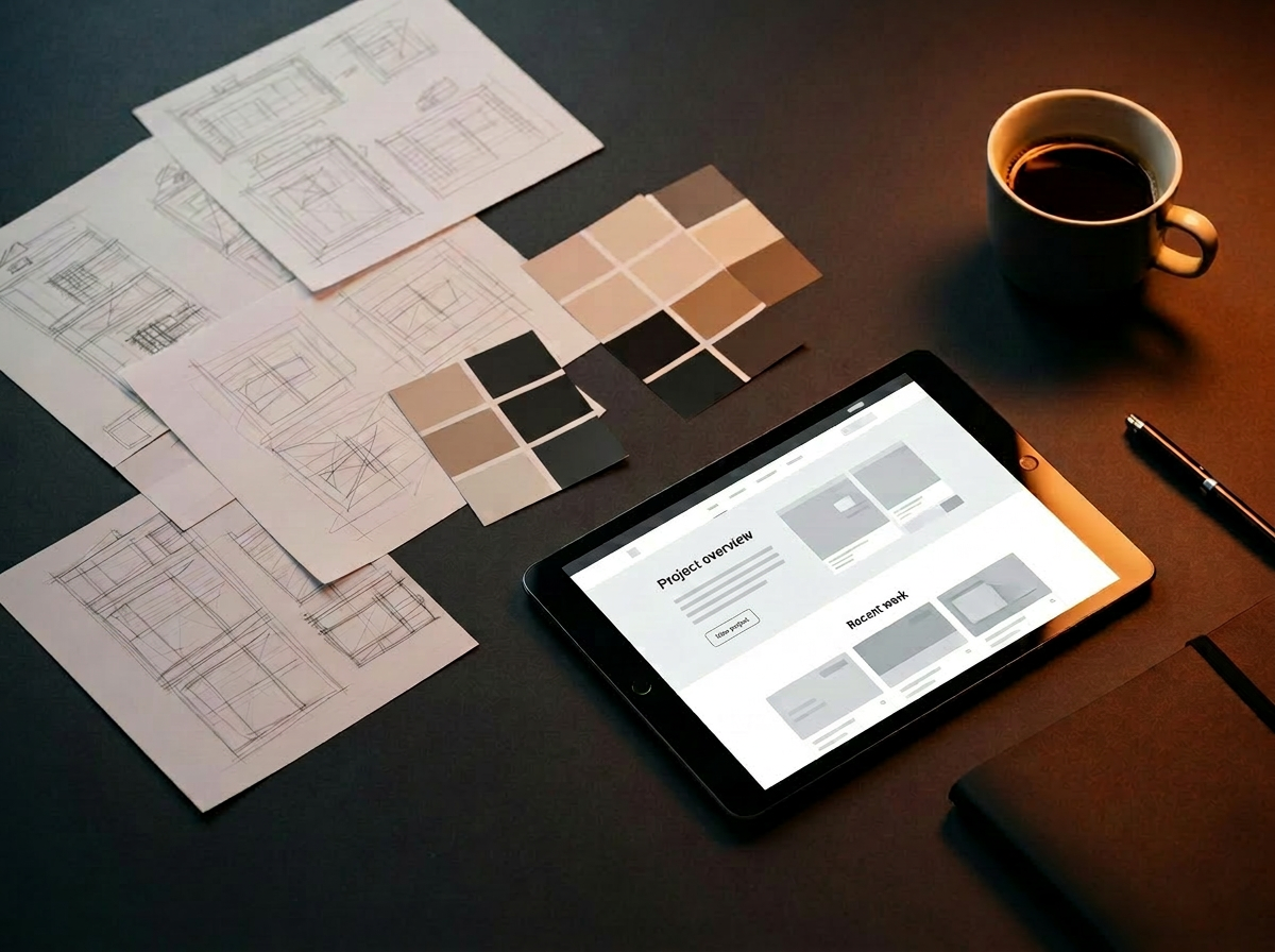 Wireframes, color swatches, and a tablet showing a website design on a designer's desk