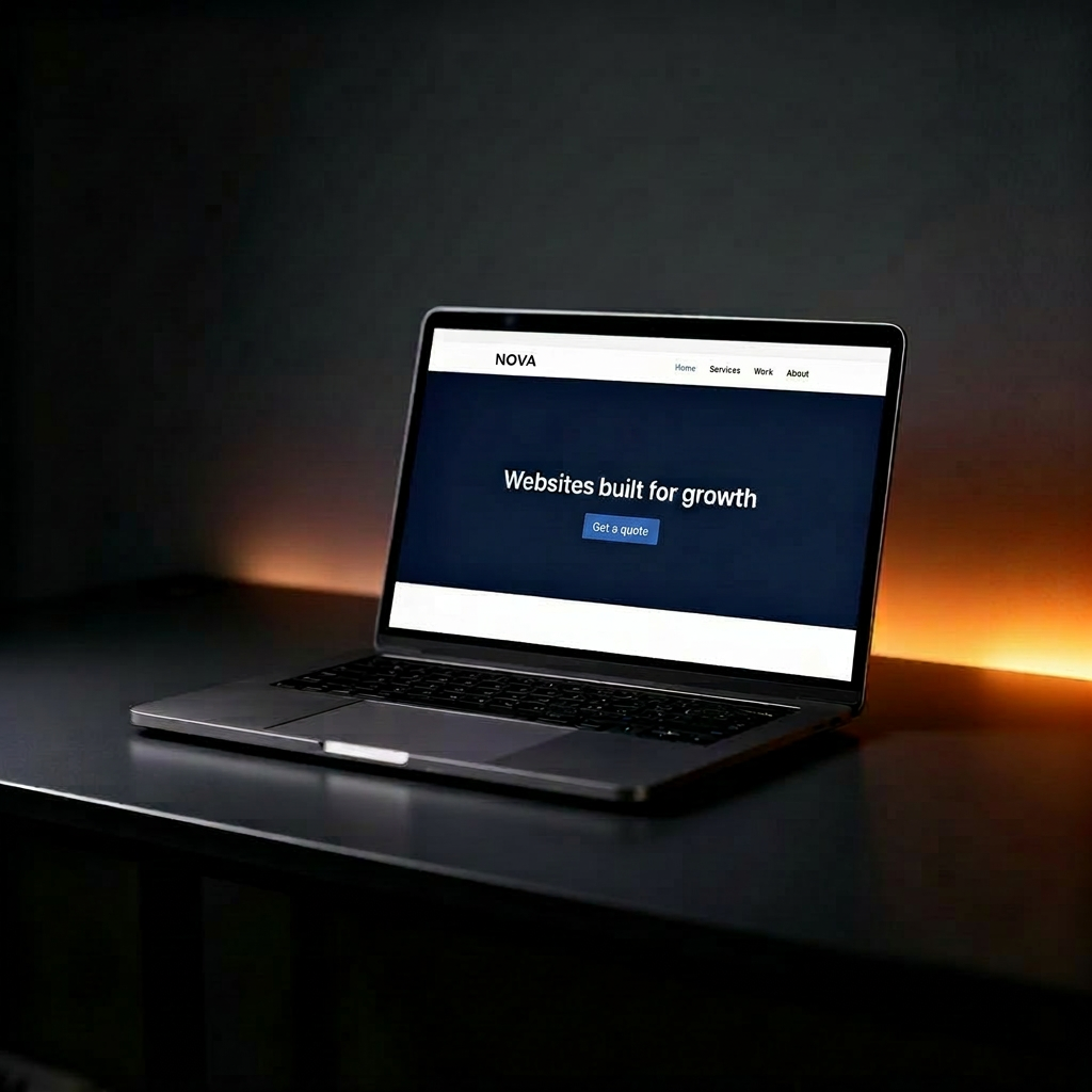 A laptop on a modern desk displaying a polished website design