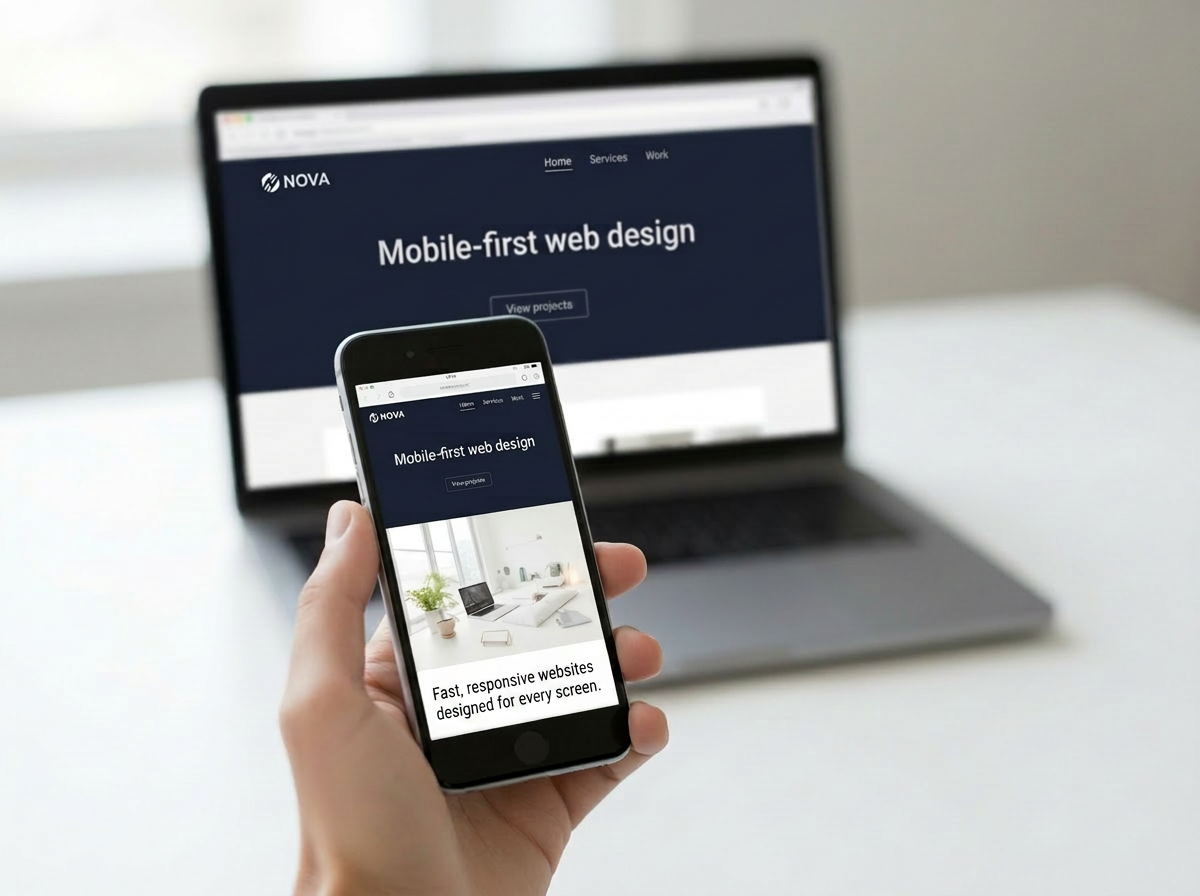 A phone and laptop showing the same responsive website design