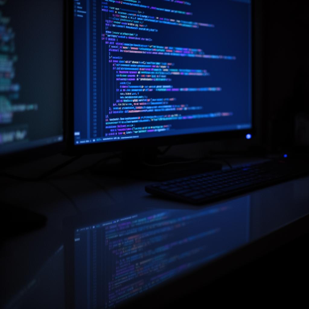 Hands typing on a MacBook keyboard with code glowing on screen