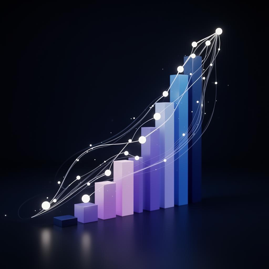 Abstract digital growth visualization with ascending charts and glowing nodes