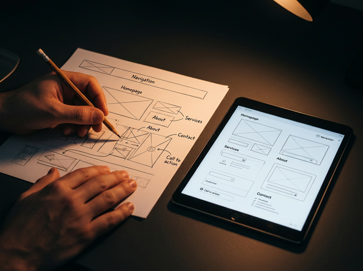 Tablet with wireframes, color swatches, and design tools on a dark desk