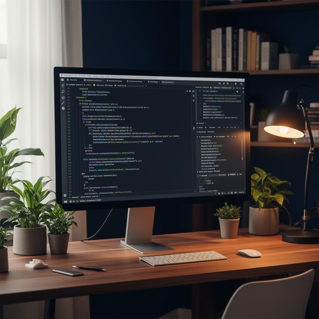 A modern home studio workspace with a large monitor, plants, and warm lighting